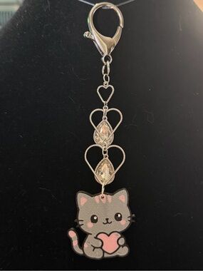 Hand Crafted 3D Printed Silver-Tone Purse Cat Charm with Pink Accents NWOT